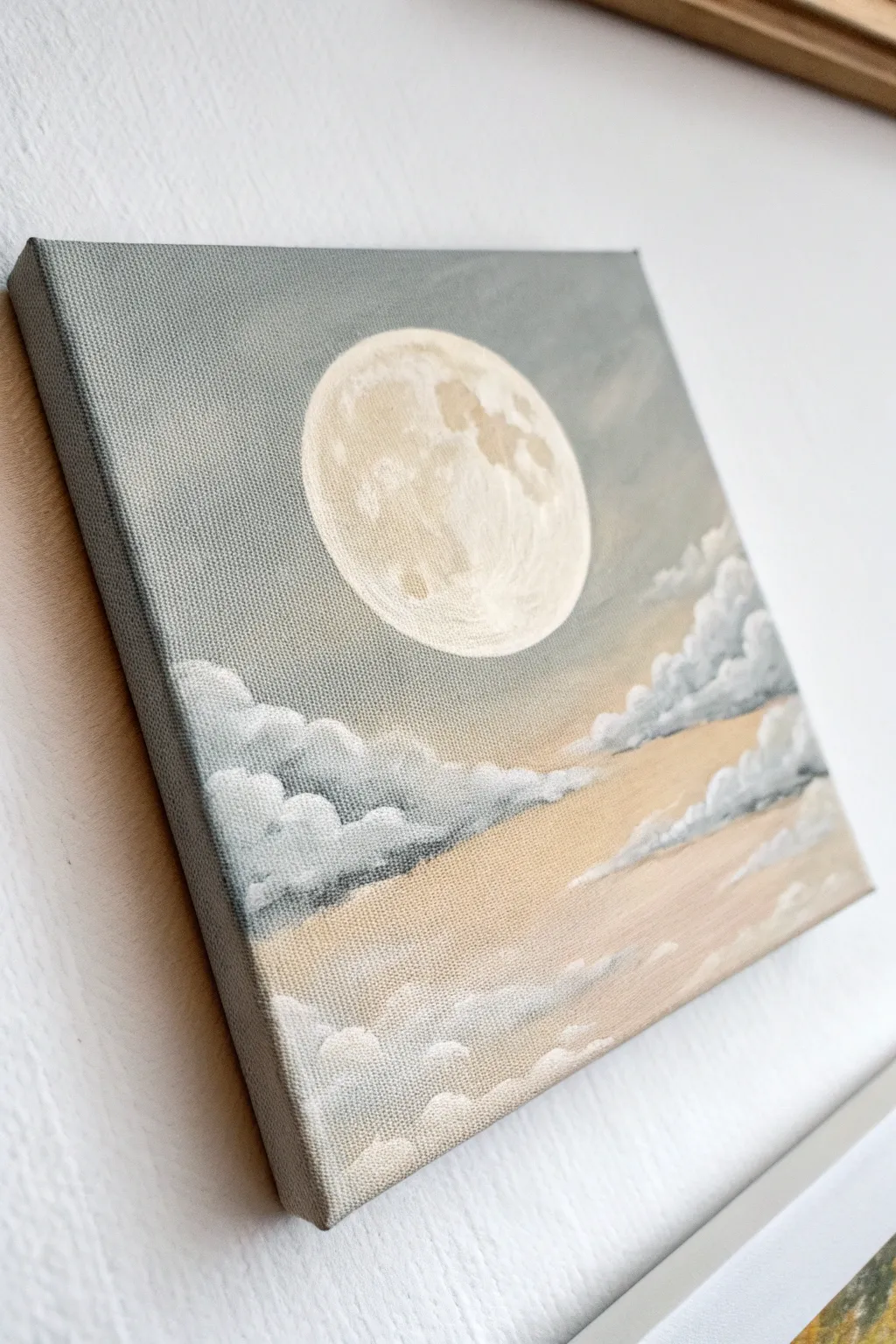 Minimal moon and cloud acrylic study in soft neutrals, cozy Scandinavian calm with boho warmth