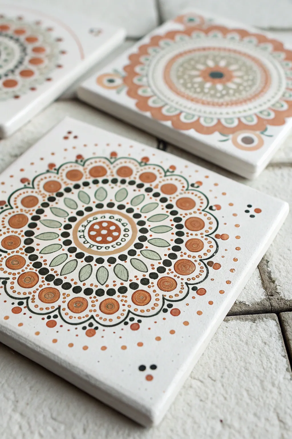 Tiny dot-by-dot mini mandala in soothing neutrals, a simple calming small art idea.