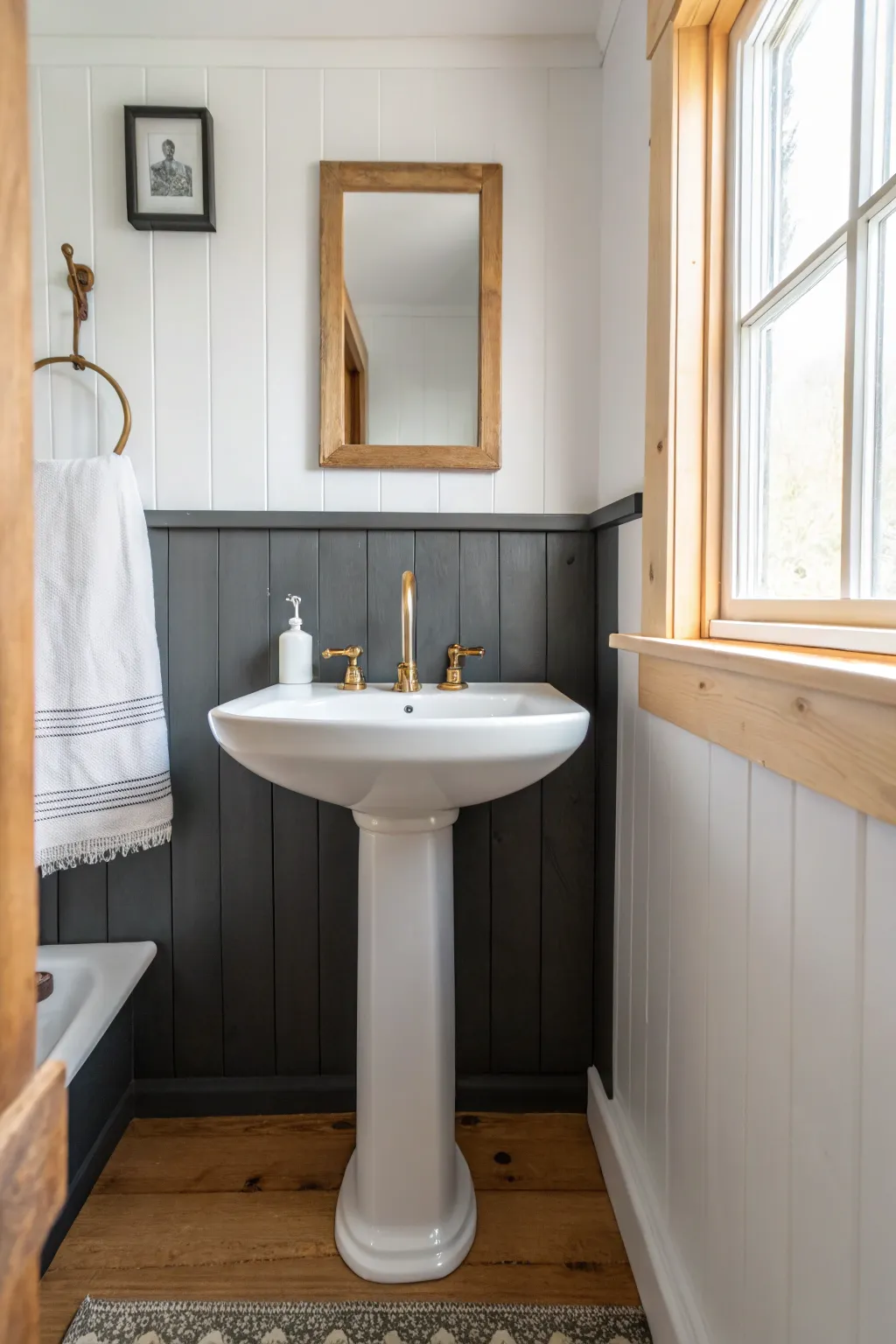 Charcoal accent wall behind a matte white sink keeps a tiny bath bright yet dramatic.