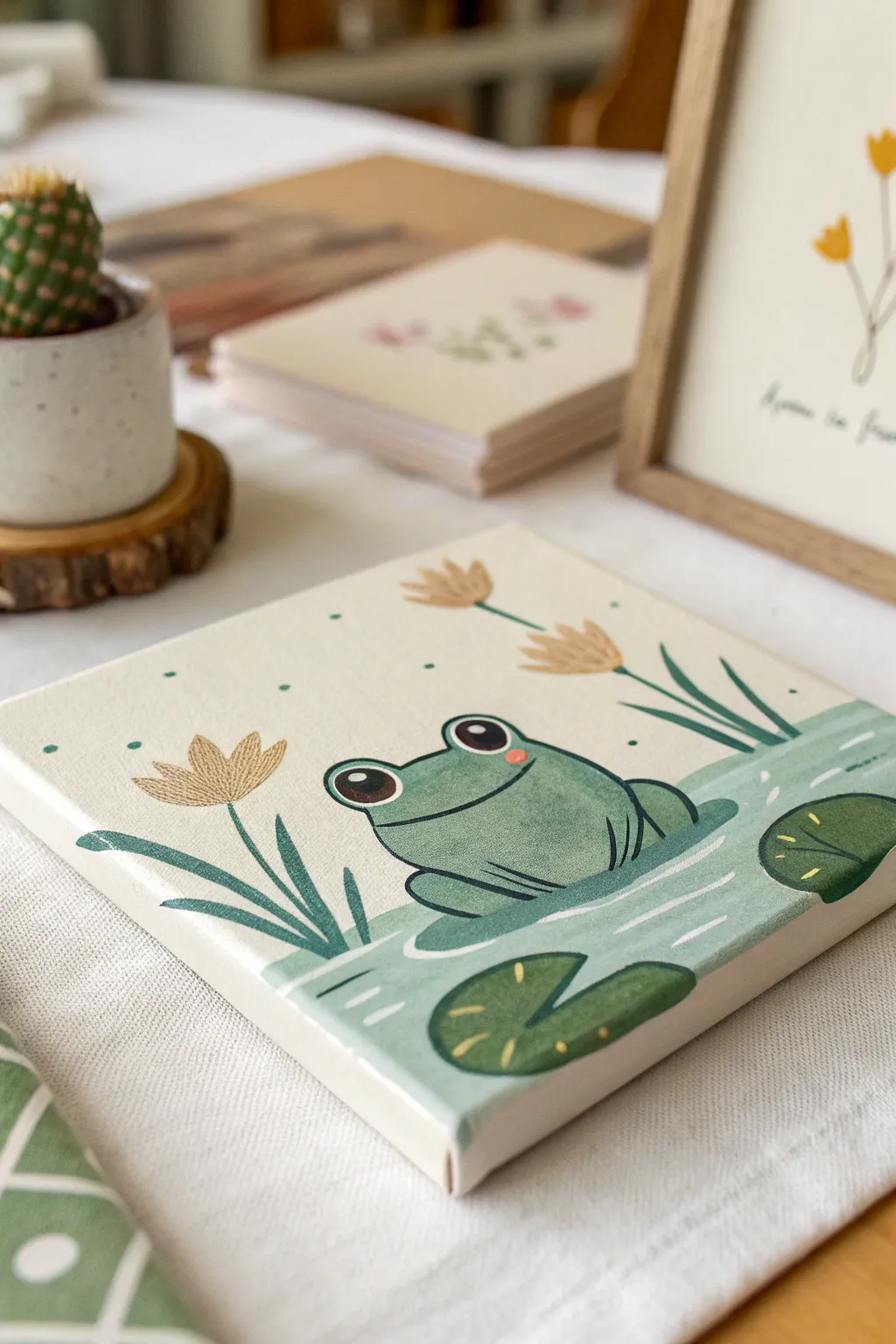 Mini canvas idea: a tiny frog peeking from pond ripples, minimal lily pads and soft boho tones