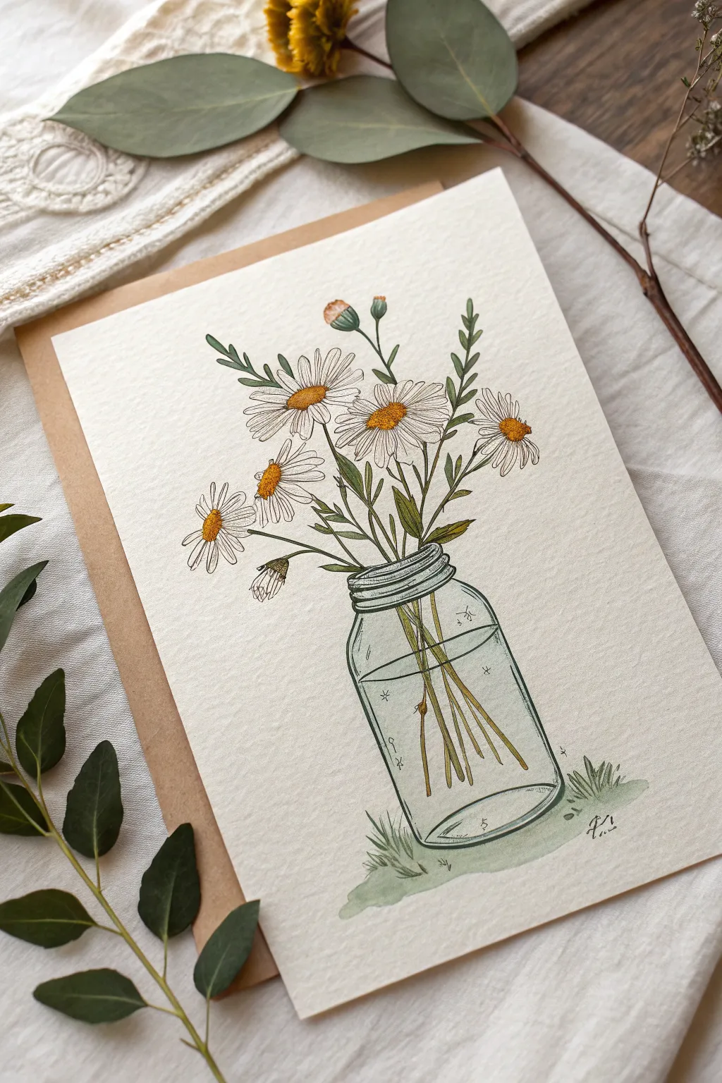 Mini bouquet in a simple glass jar silhouette, minimal lines and soft watercolor charm