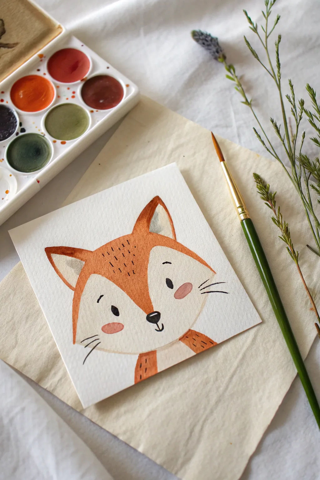 Paint a sweet fox face with bold simple shapes for an easy, minimalist small painting idea.