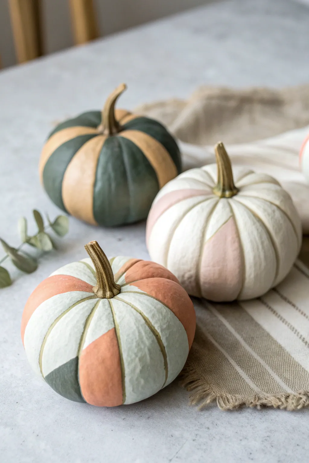 Color-blocked mini pumpkins in muted fall tones for a modern Scandinavian-boho centerpiece
