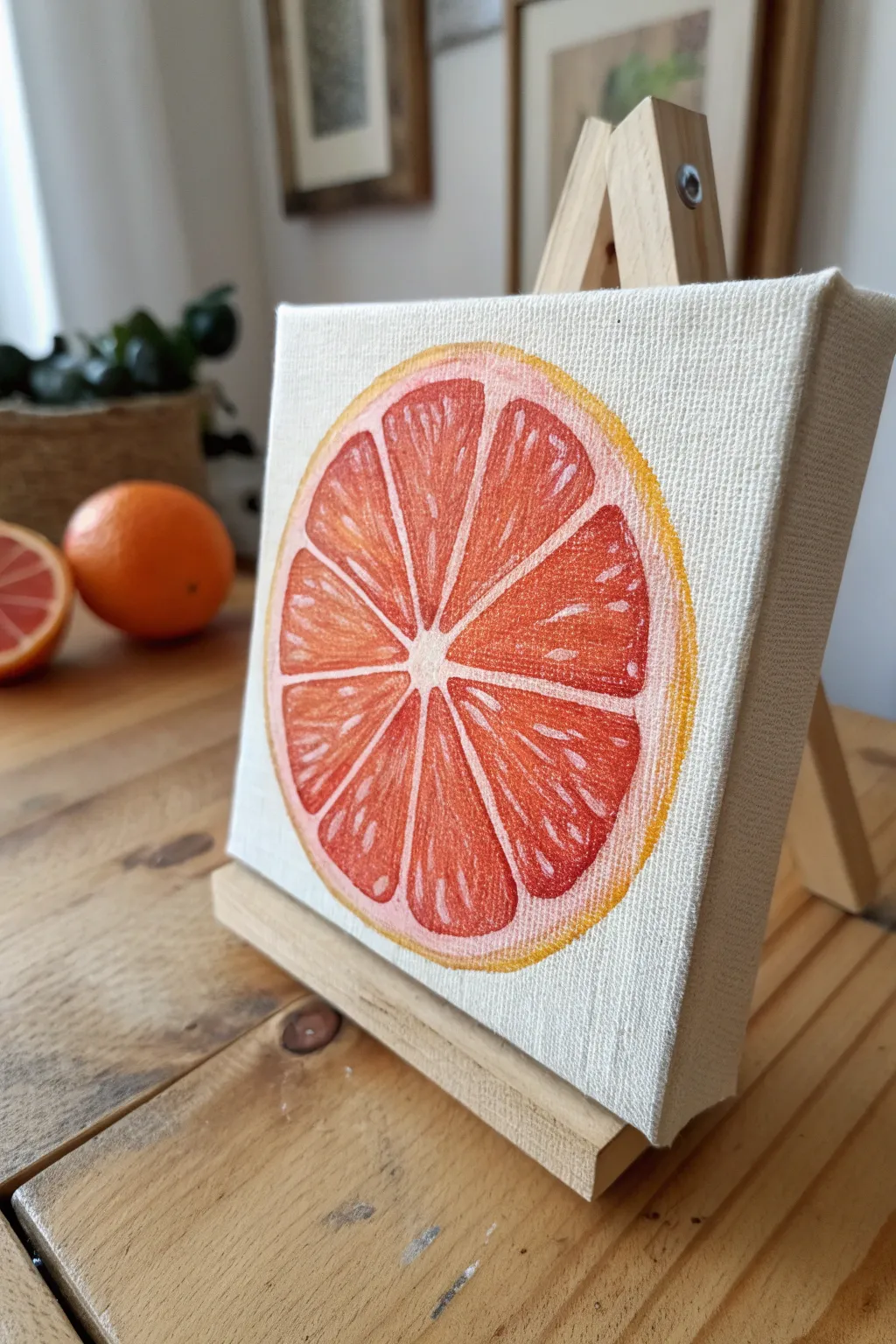 Mini square canvas with a vibrant grapefruit slice, clean lines and juicy pops on a calm backdrop.