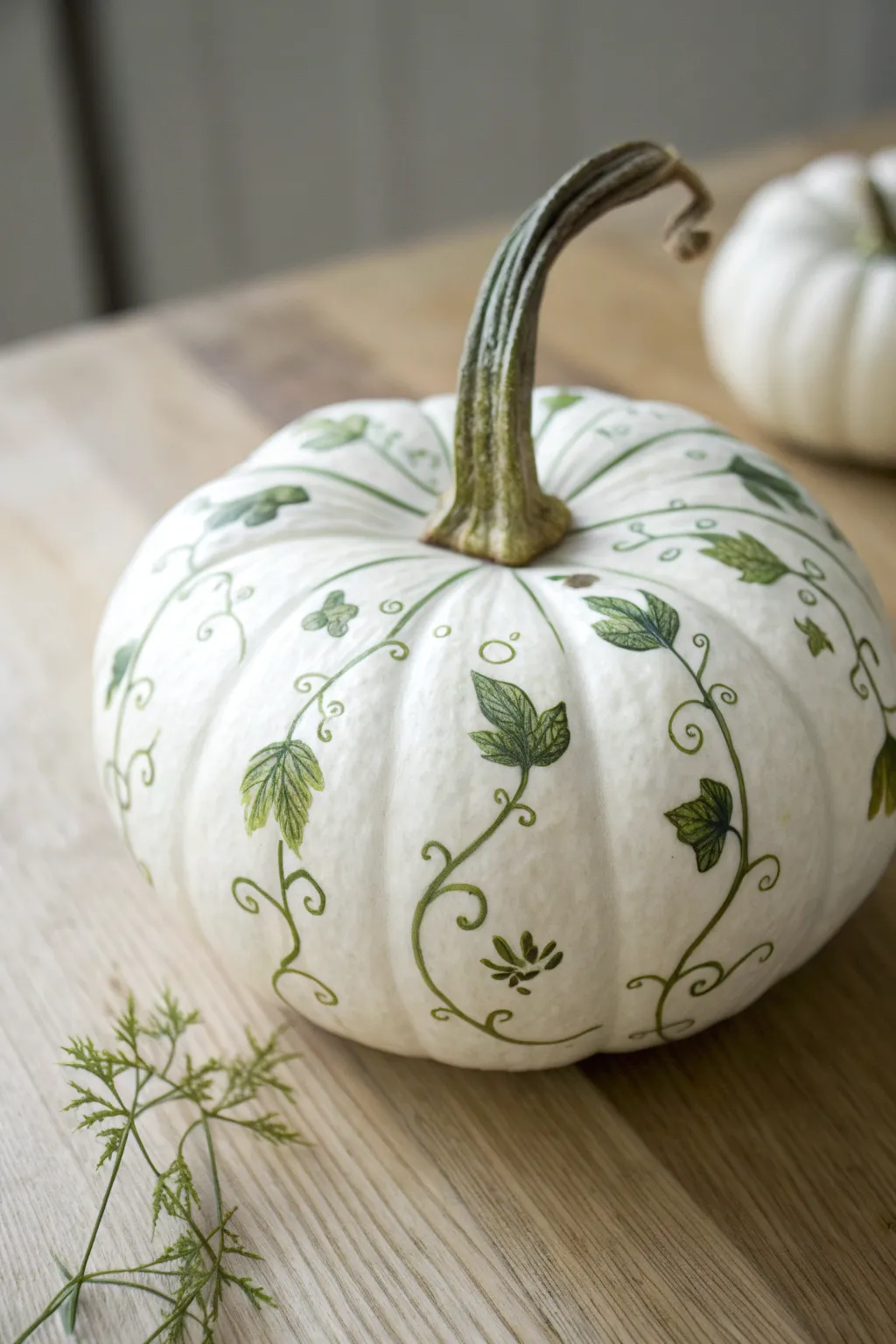 Muted sage vine wraps on a small white pumpkin for an airy, elegant minimalist boho look.