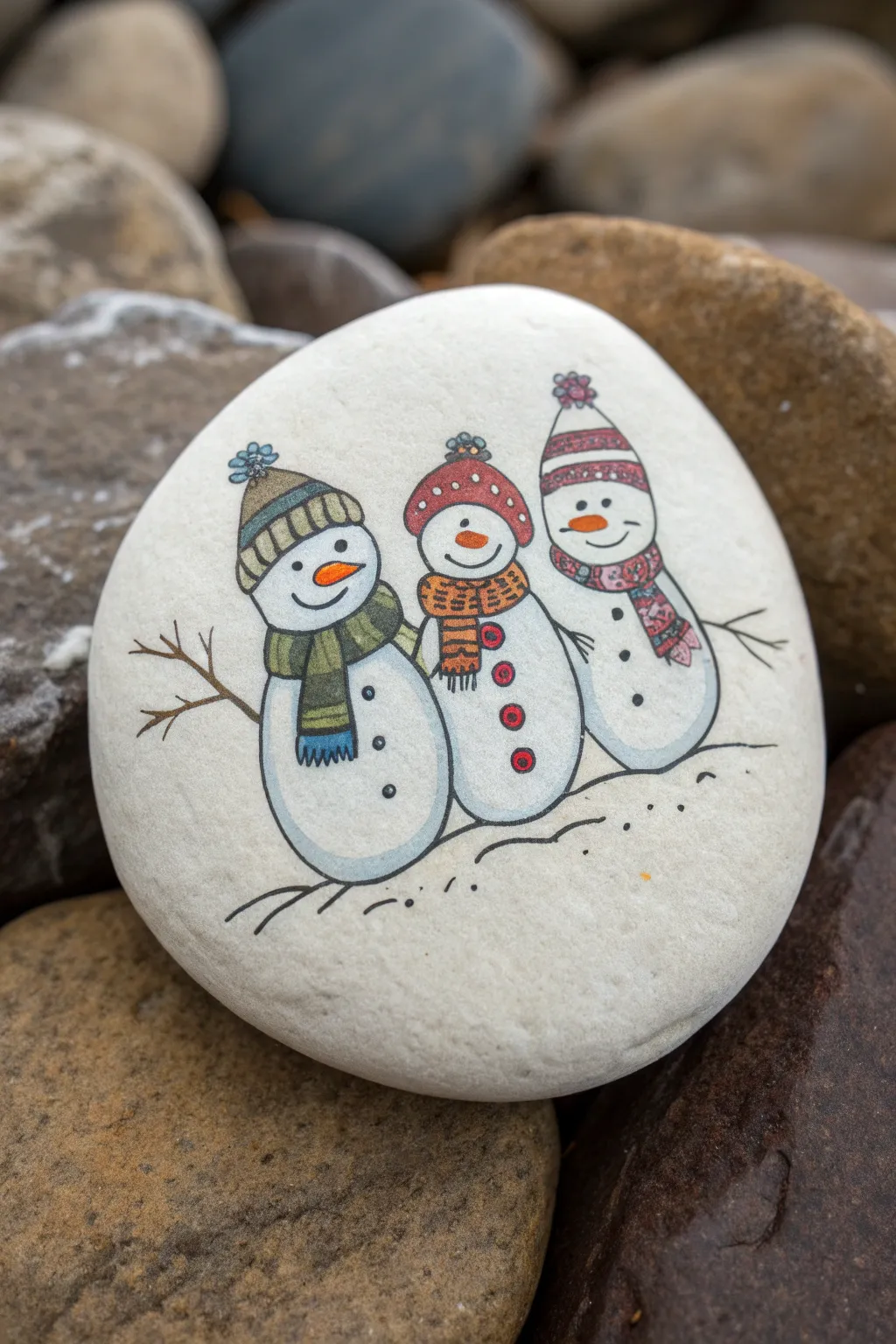 Cozy snowman family rock art with unique scarves and winter accessories, clean minimalist style