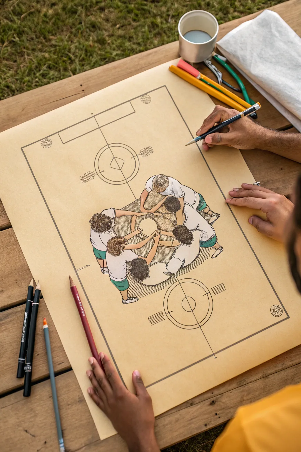 Top-down team huddle drawing with soft boho neutrals and clean field lines for soccer sketch inspo