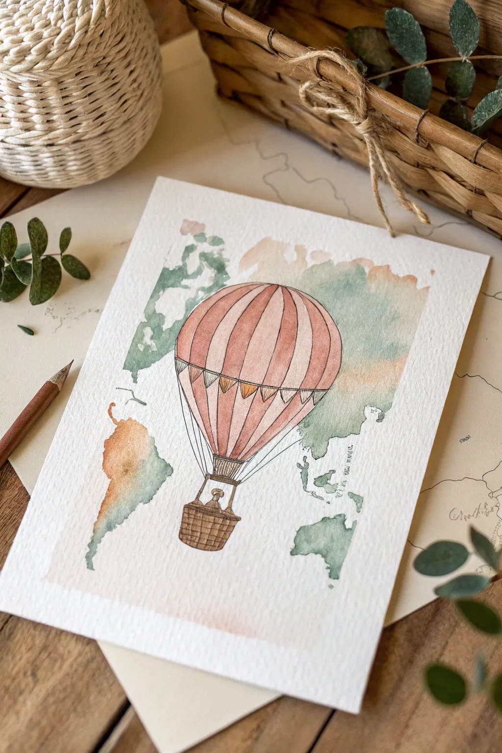 Soft watercolor hot air balloon over a hand-sketched map, minimalist boho inspiration for socials.