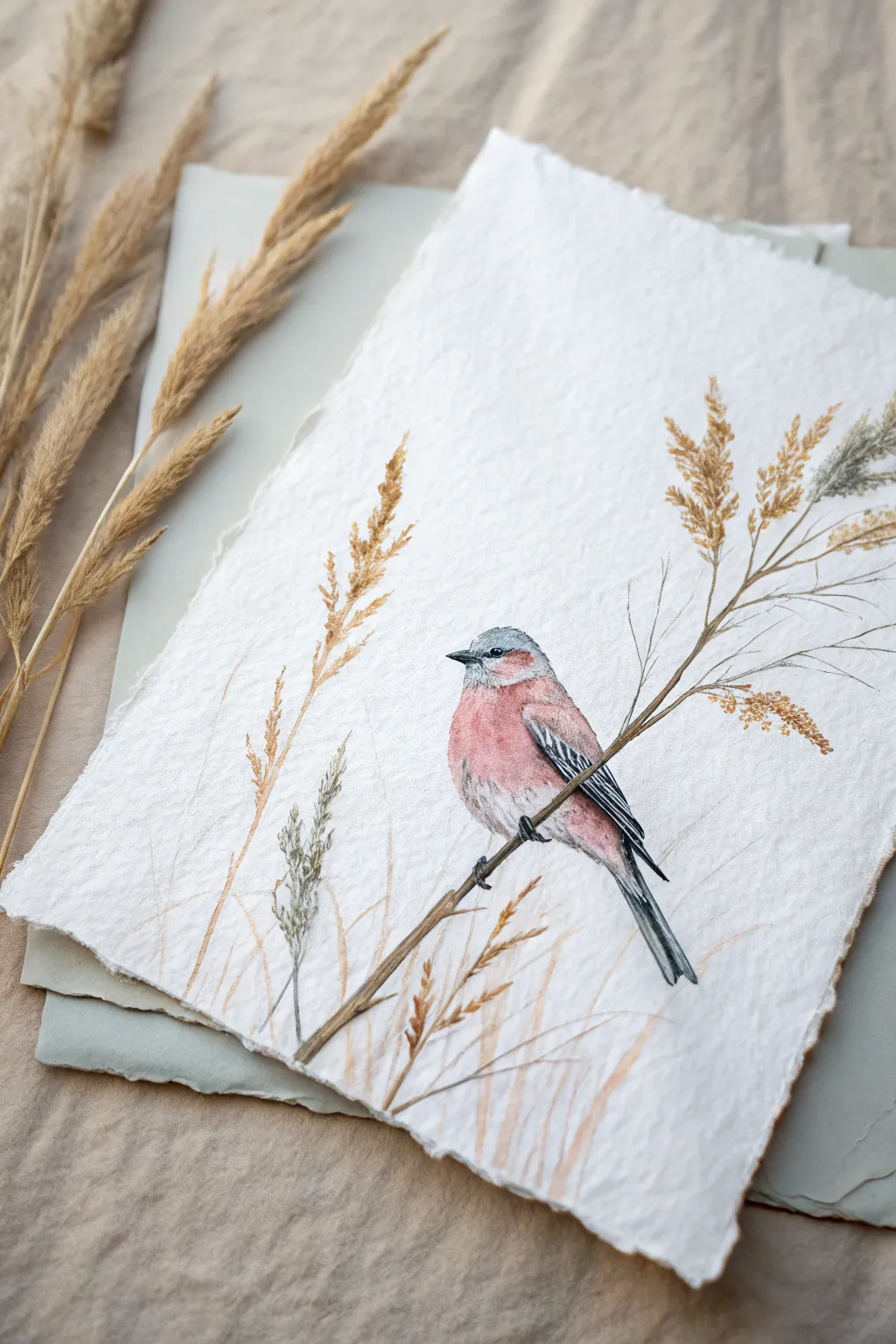 Soft pastel bird on a branch, minimalist and calming with layered strokes and gentle contrast