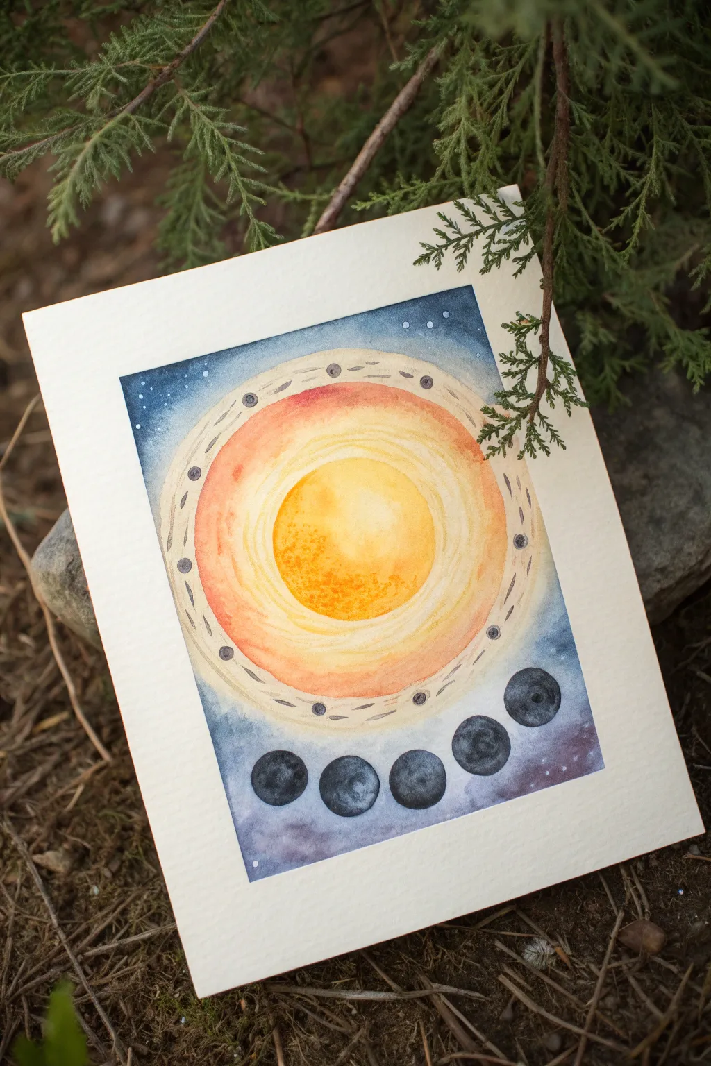 Minimal solar silhouette: glowing sun halo with dark planet crossings, dreamy and beginner-friendly