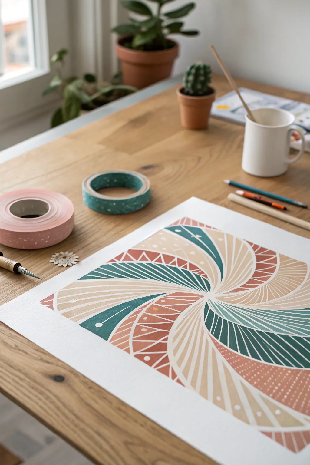 Peel the tape to reveal crisp white spirals and rays slicing through vibrant spin art.