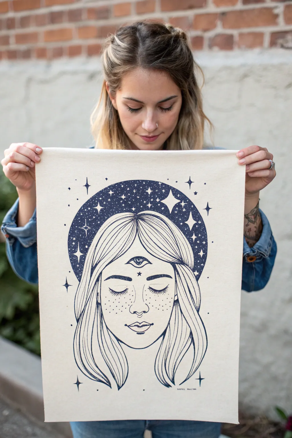 Minimalist third-eye portrait with a starry forehead and galaxy hair for cosmic calm