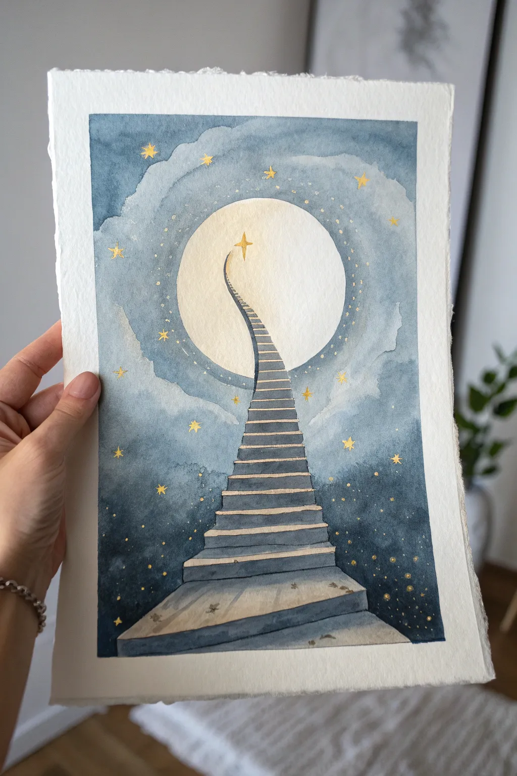 Paint a serene ascension path: minimalist stairway rising into a radiant portal of light