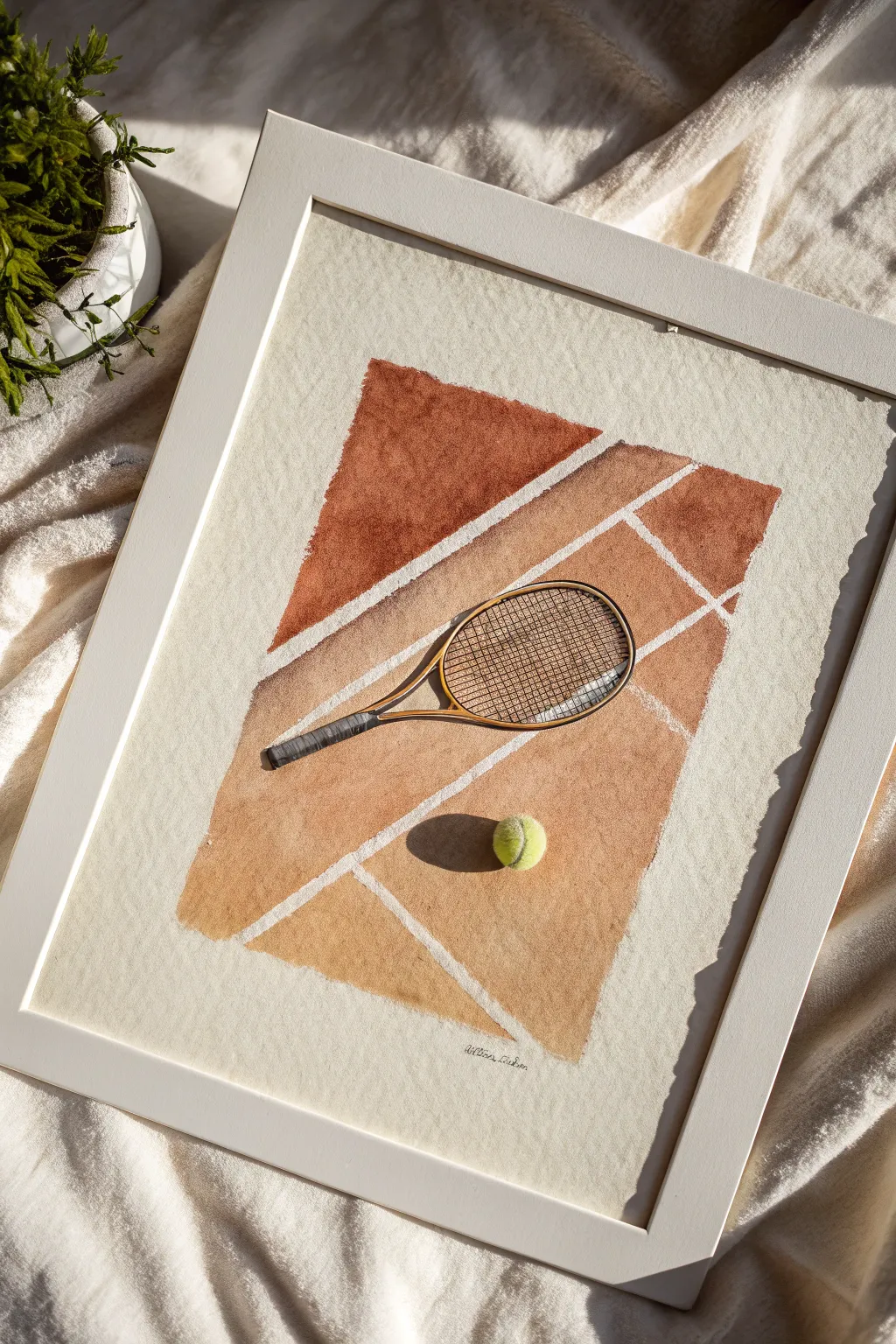 Minimalist tennis serve study in gouache with soft motion trails and clean court geometry.