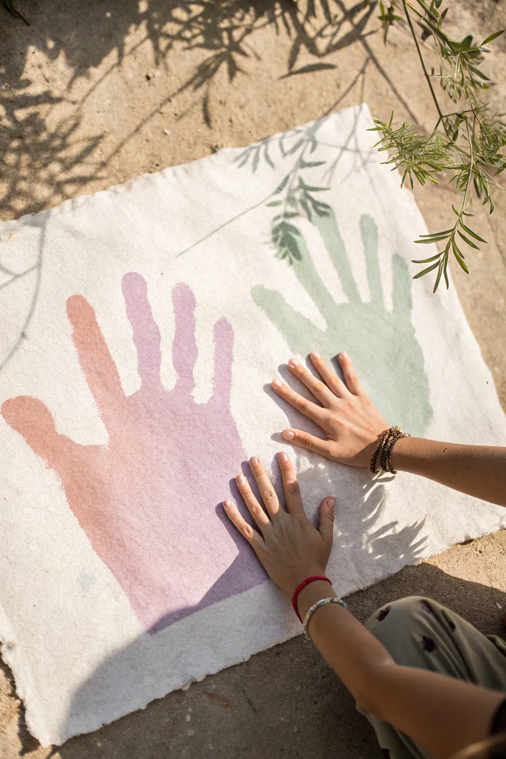 Crisp masked hand silhouettes with dreamy spray layers, a minimalist boho stencil idea