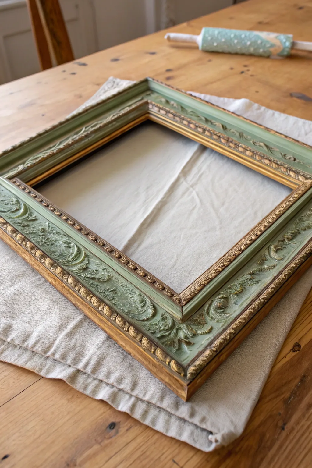 Upcycled frame makeover: half raw, half spray-painted in sage and gold for instant contrast