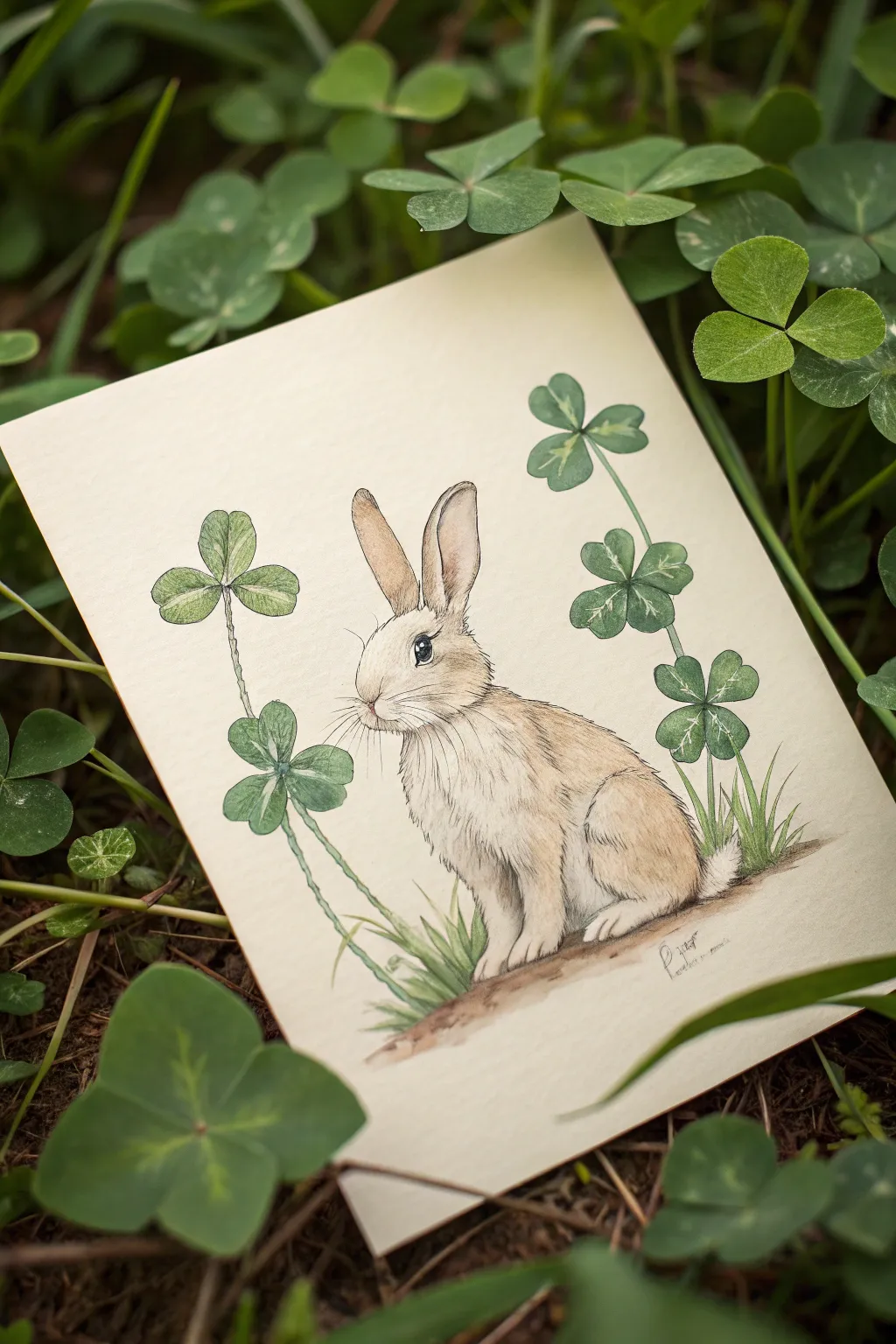 Soft spring bunny nestled in clover, a calm minimalist sketch idea with cozy boho charm.