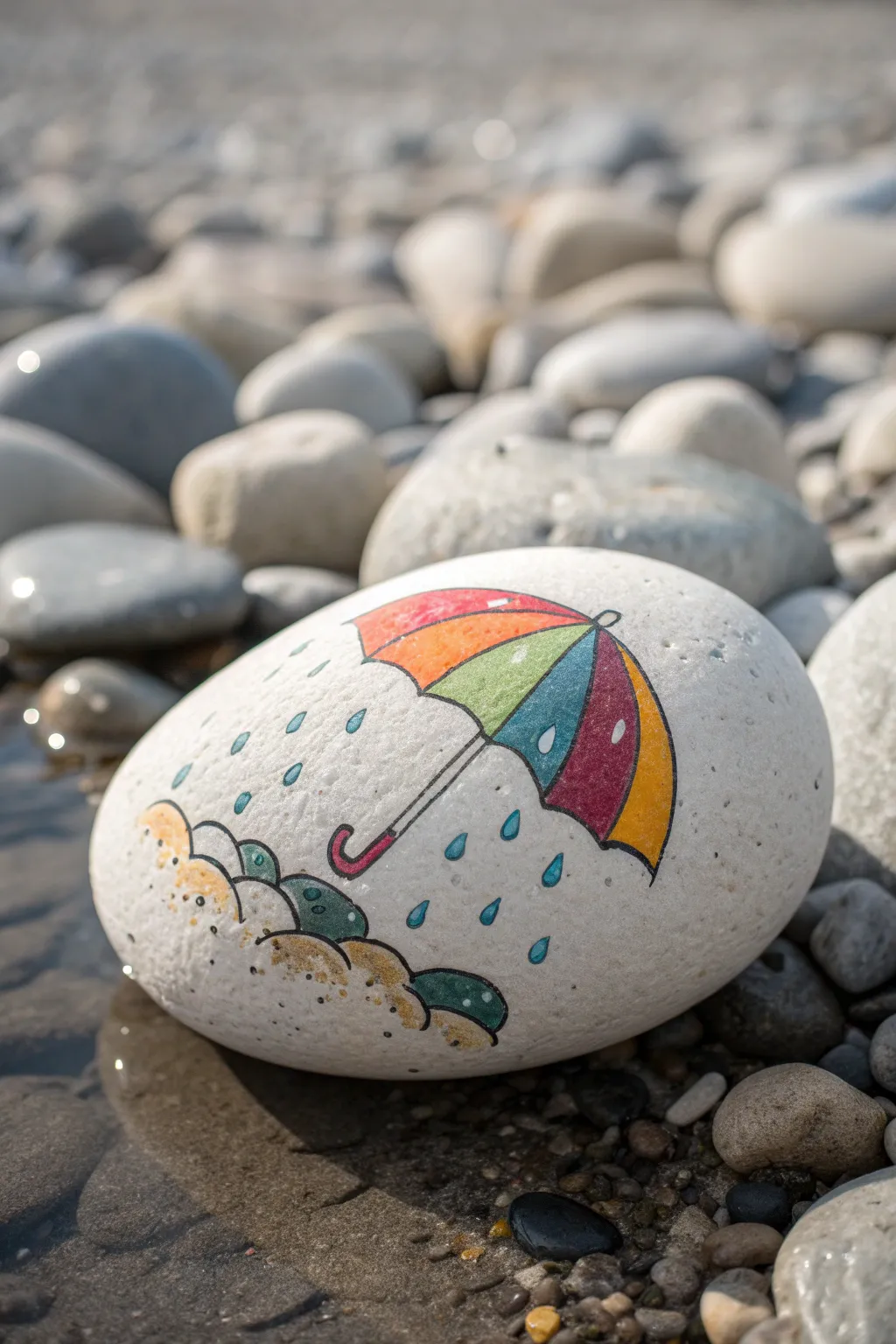 April Showers umbrella rock with bright raindrops, a cozy spring mood in minimalist style.