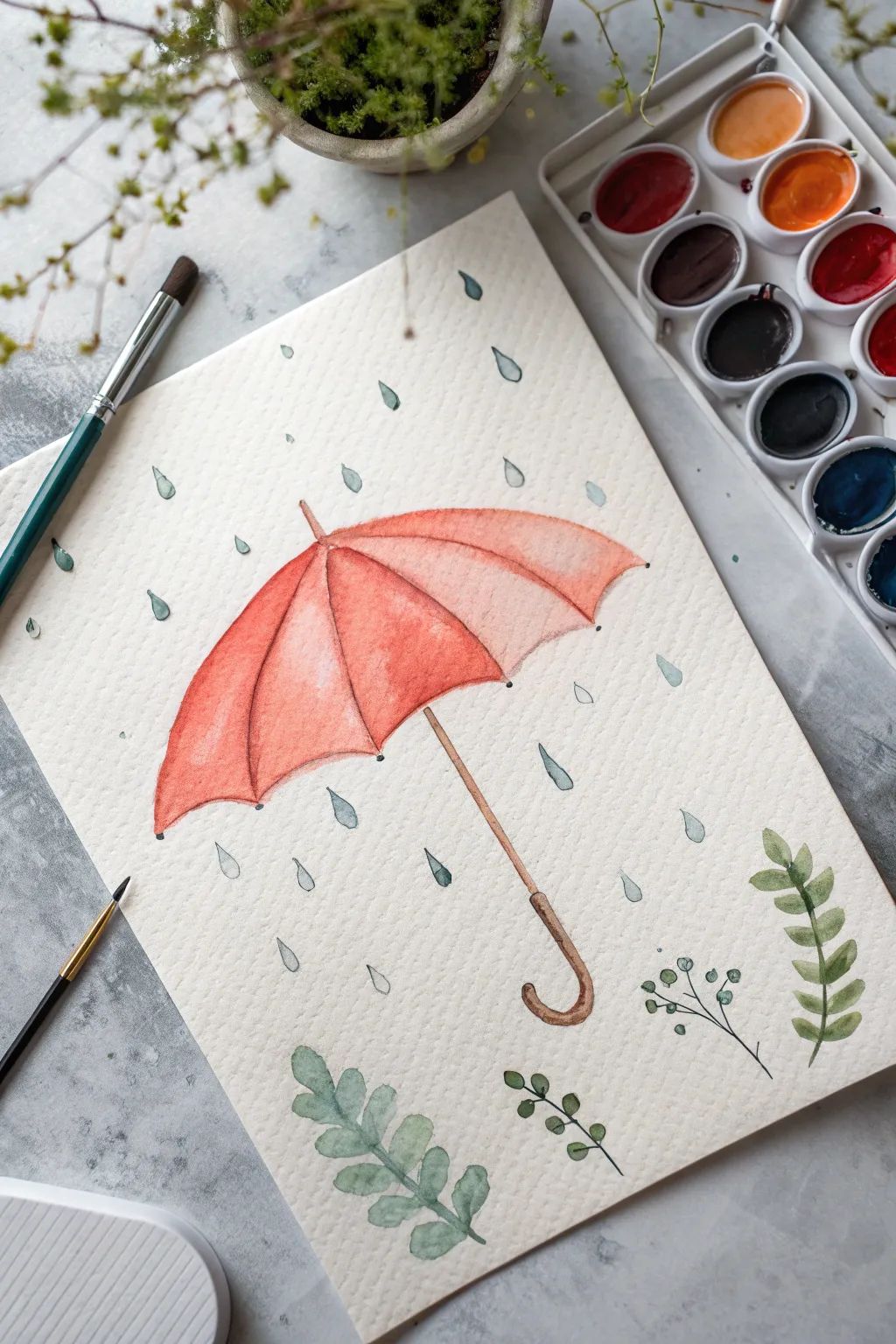 April rain umbrella watercolor: bright focal pop, cool blue wash, and a tiny hint of spring green