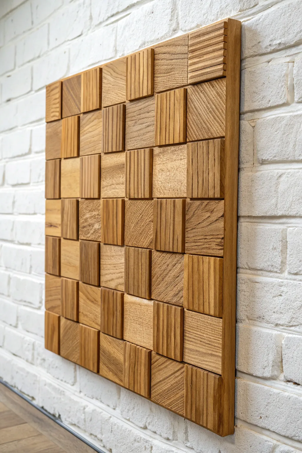 Wood slat squares with changing directions create a calm, woven statement wall centerpiece.