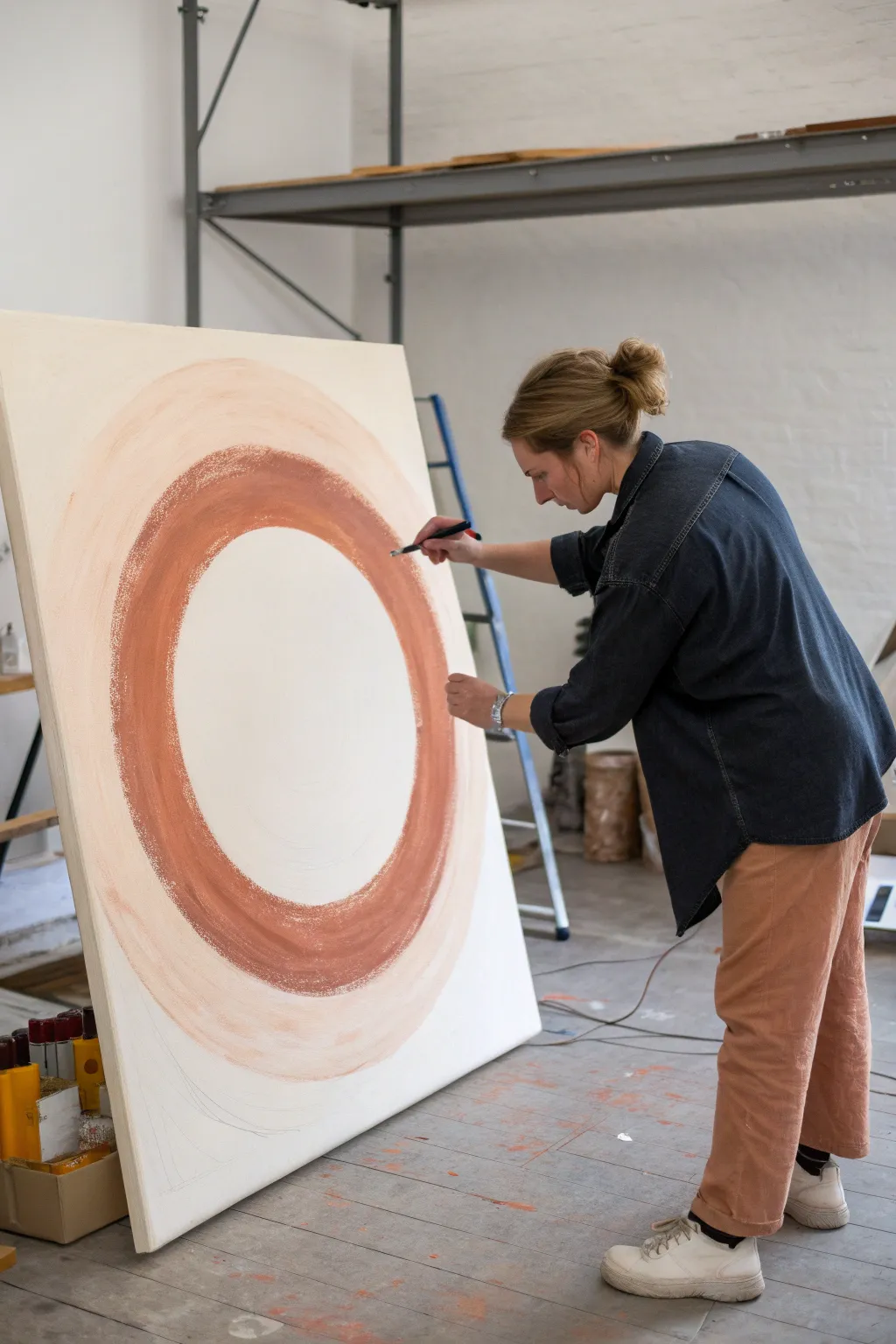 A clean masked circle portal surrounded by bold squeegee streaks in soft minimalist boho tones