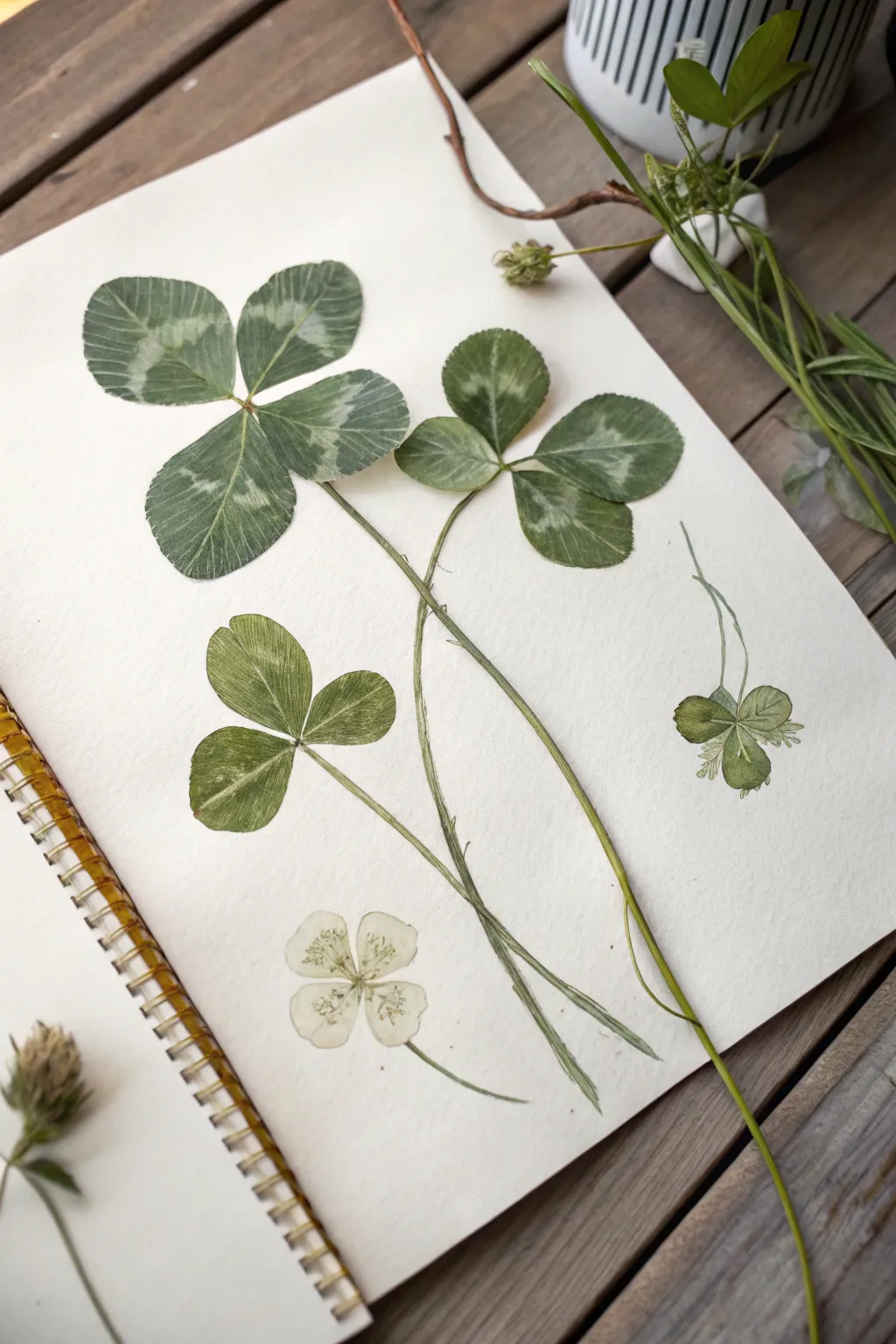 Realistic clover nature study with delicate veins and a soft green wash, calm and minimal.