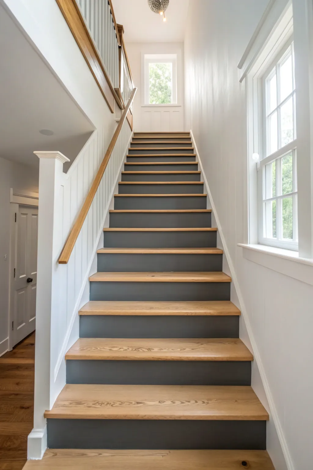 Soft ombre risers from charcoal to sand create a calm Scandinavian stair makeover