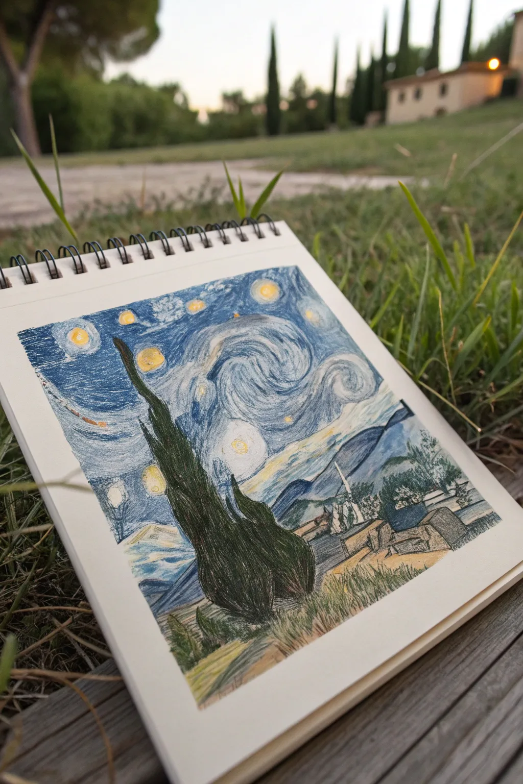 Vertical starry night: towering cypress silhouette and sweeping sky swirls for easy drama.