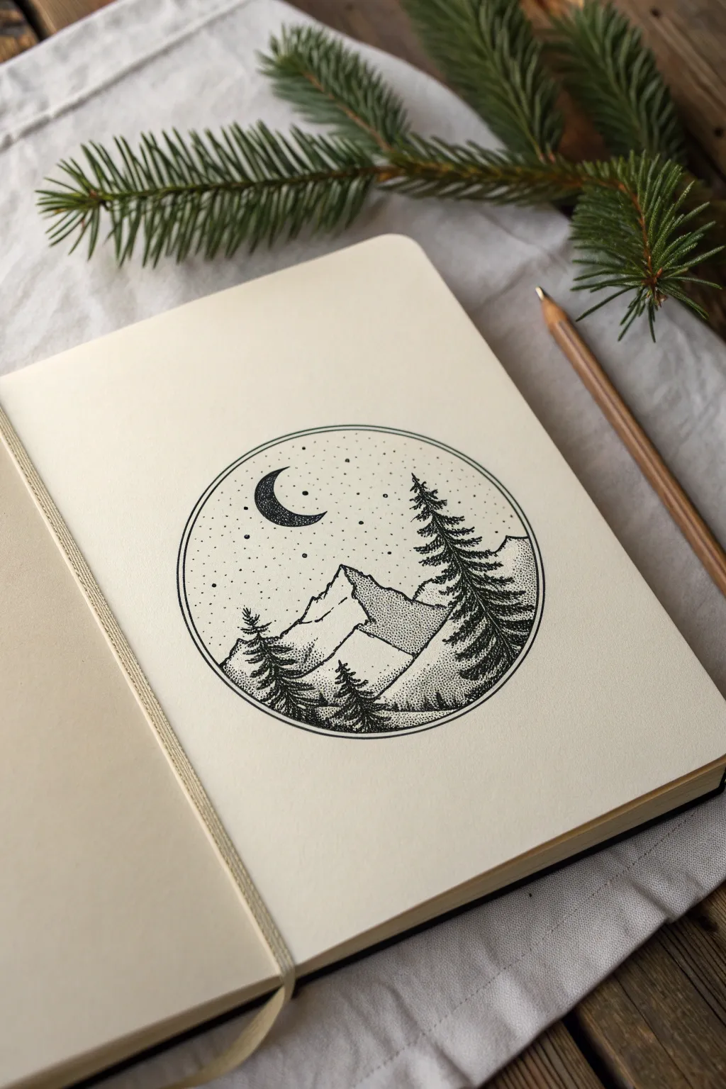 Minimalist stippling: a crisp circle framing mountains, pines, and a dotted twilight sky.
