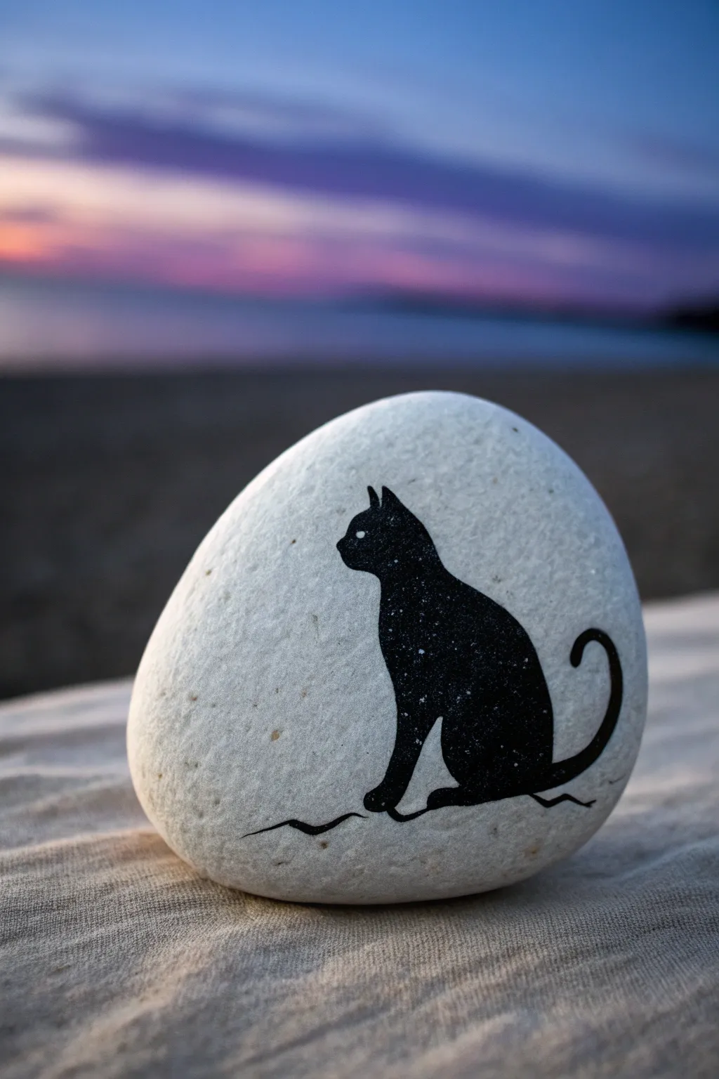 Paint a sleek cat silhouette on a stone with a dreamy twilight sky for cozy night vibes.