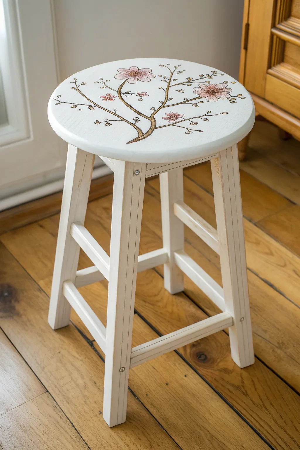 Soft blossom branch stencil on a minimalist stool, a quick boho refresh for any room