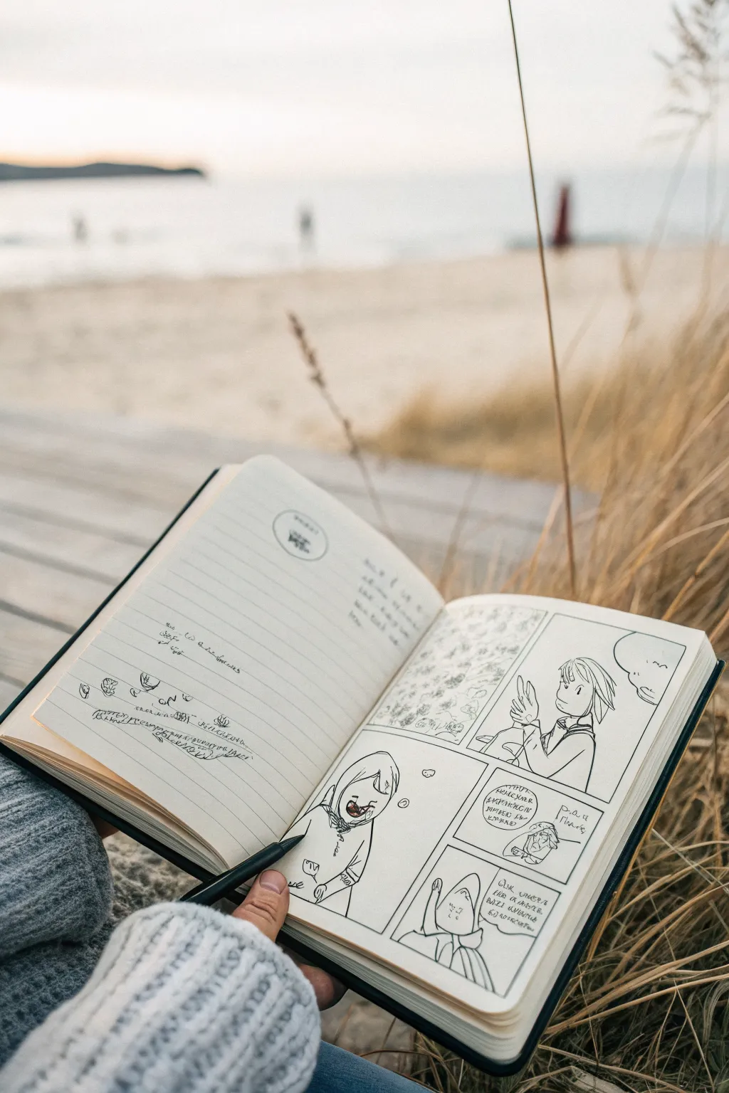 Silent four-panel storyboard: pure expressions, no words, clean minimalist sketchbook page.