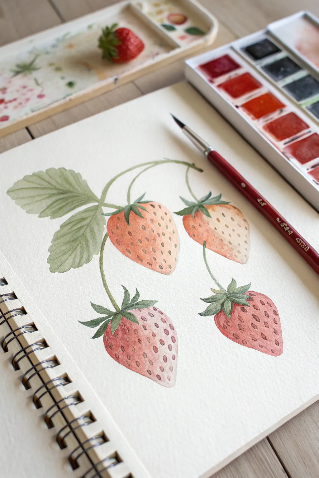 Limited palette strawberry study with three minis and an unlabeled mixing swatch chart