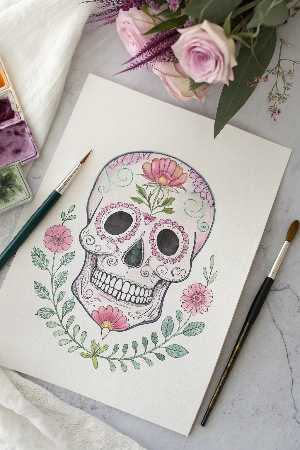Pastel sugar skull with airy gradients and soft floral details, perfect for minimalist boho art.