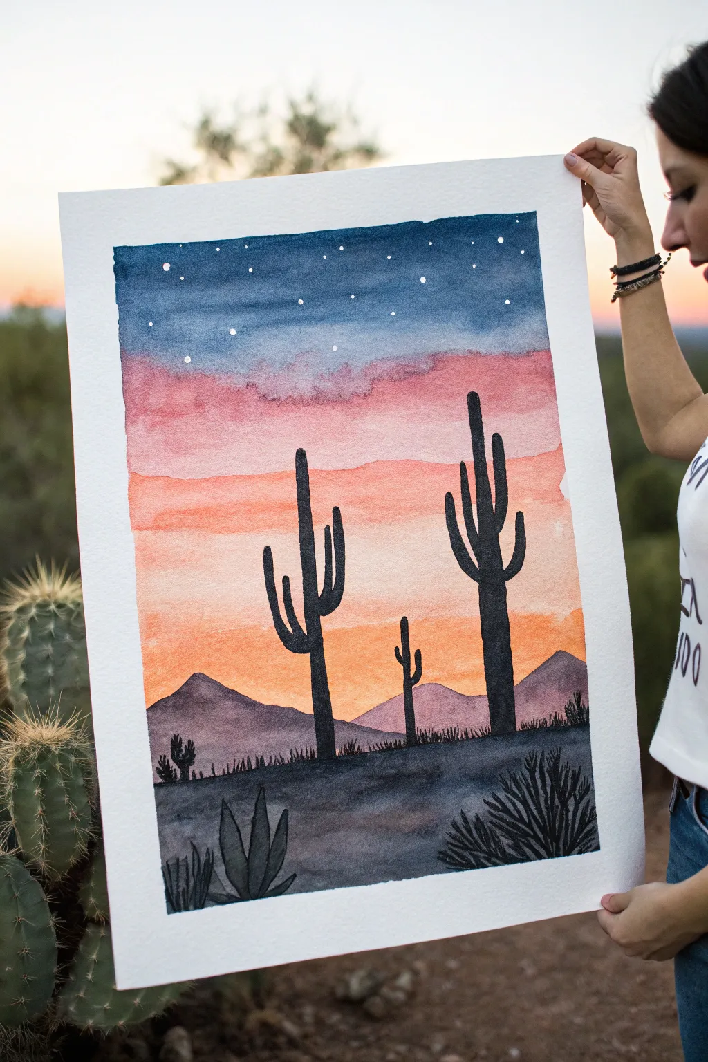 Minimal desert sunset gradient with bold cactus silhouettes, easy drawing inspiration