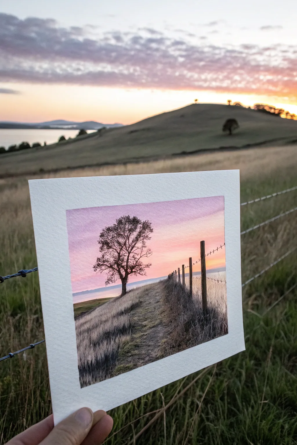 Minimalist sunset meadow painting with a bold fence-line silhouette and dreamy gradient sky