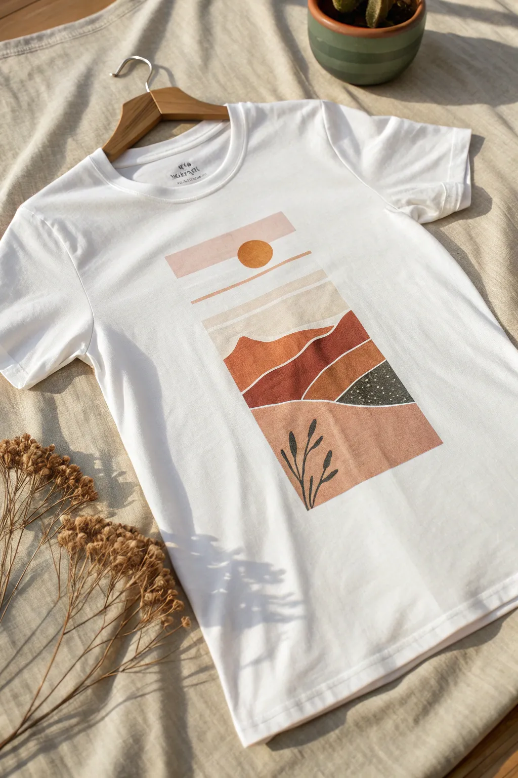 Minimal vertical landscape panel on a white tee, Scandinavian calm with a soft boho touch