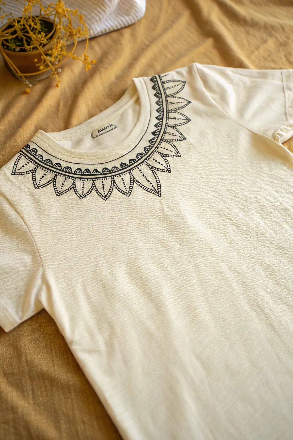 Easy half-mandala neckline doodle for a minimalist boho tee design, clean and symmetrical.