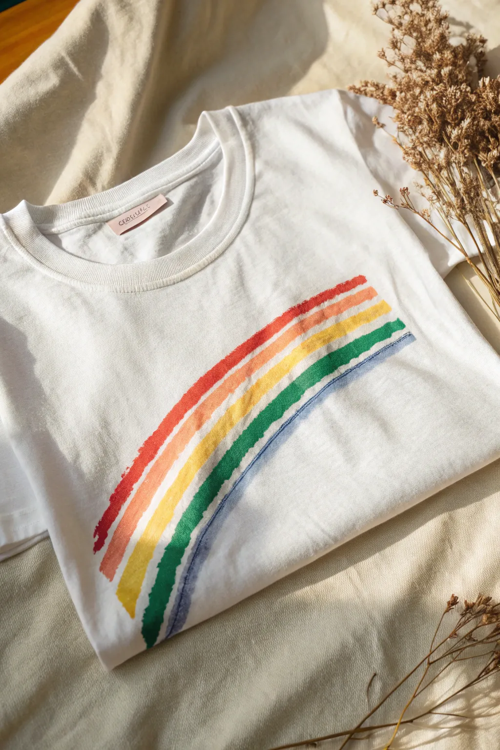 Soft handmade rainbow stripes on a crisp white tee, minimal styling for modern boho vibes.