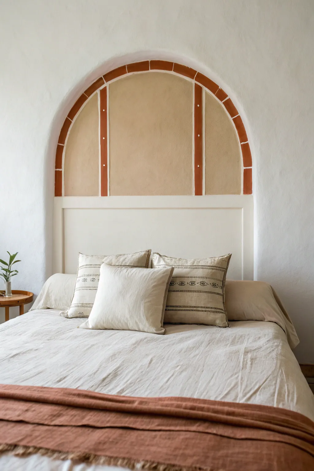 Create a painted headboard with tape edges for a crisp, cozy focal wall in calm boho tones.