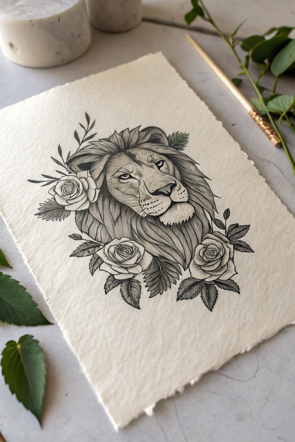 Calm lioness tattoo sketch with floral mane, delicate linework and soft dotwork in monochrome.