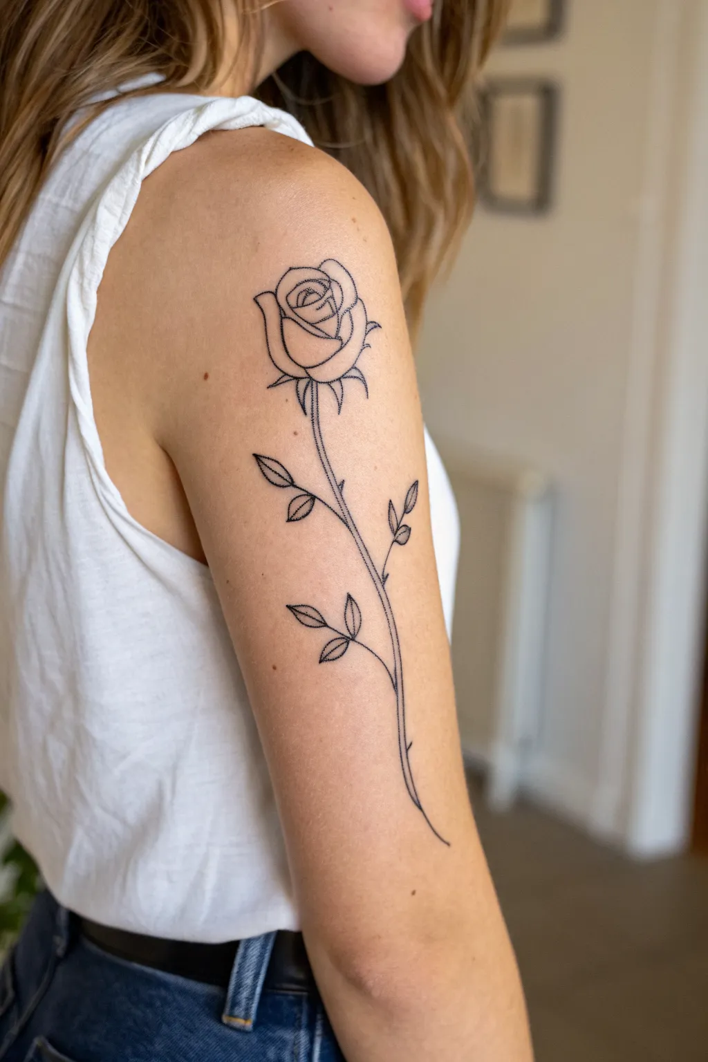 Fine-line rose wrapping a tiny heart, calm romantic love tattoo idea for the upper arm