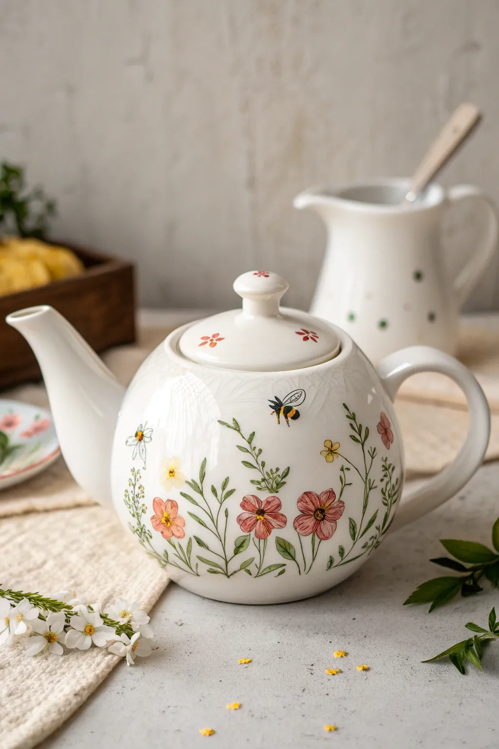 Bee and blossom garland teapot painting idea with sunny florals and delicate buzzing bees.