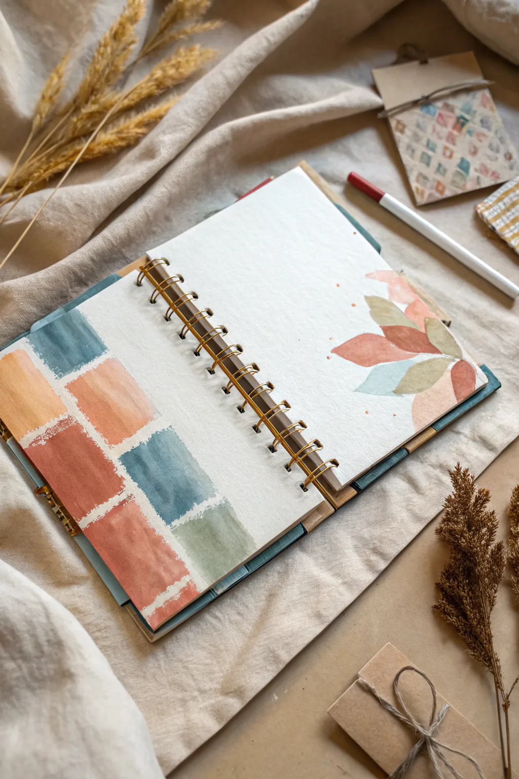 Cozy art journal spread built on tempera paint stick washes with collage accents and soft neutrals