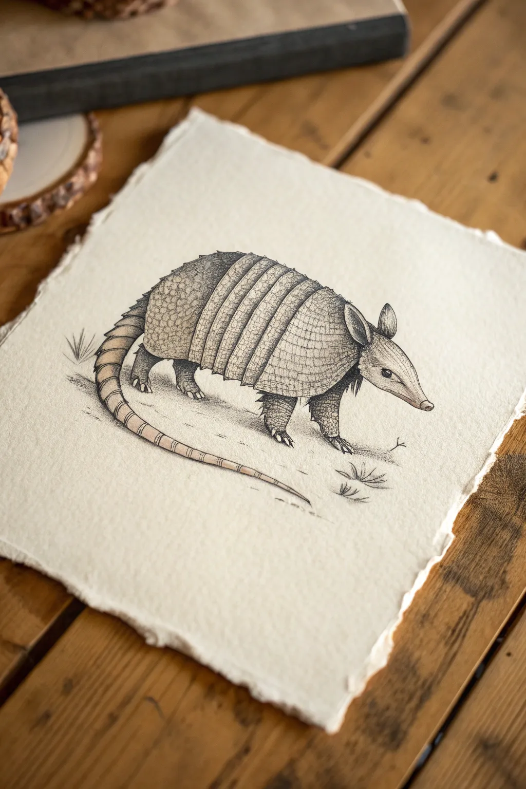 Draw a sweet Texas armadillo with ovals and curved bands, clean lines and cozy boho vibes.