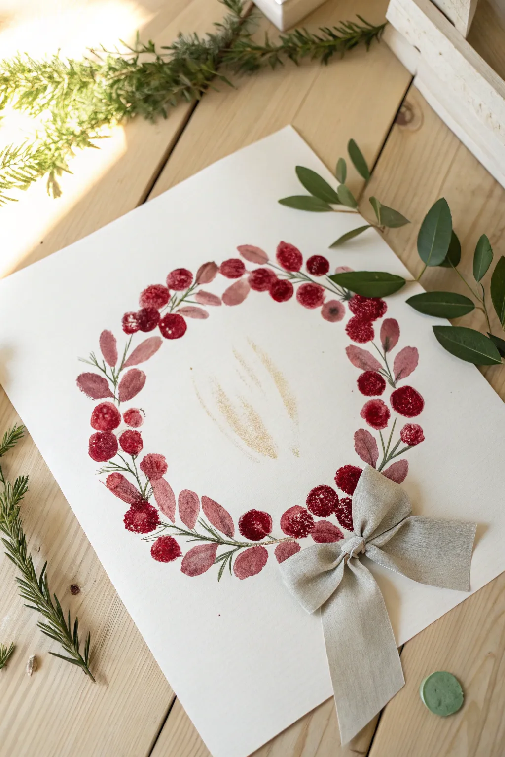 Make a cranberry fingerprint wreath with tiny green leaves and a simple bow for Thanksgiving.