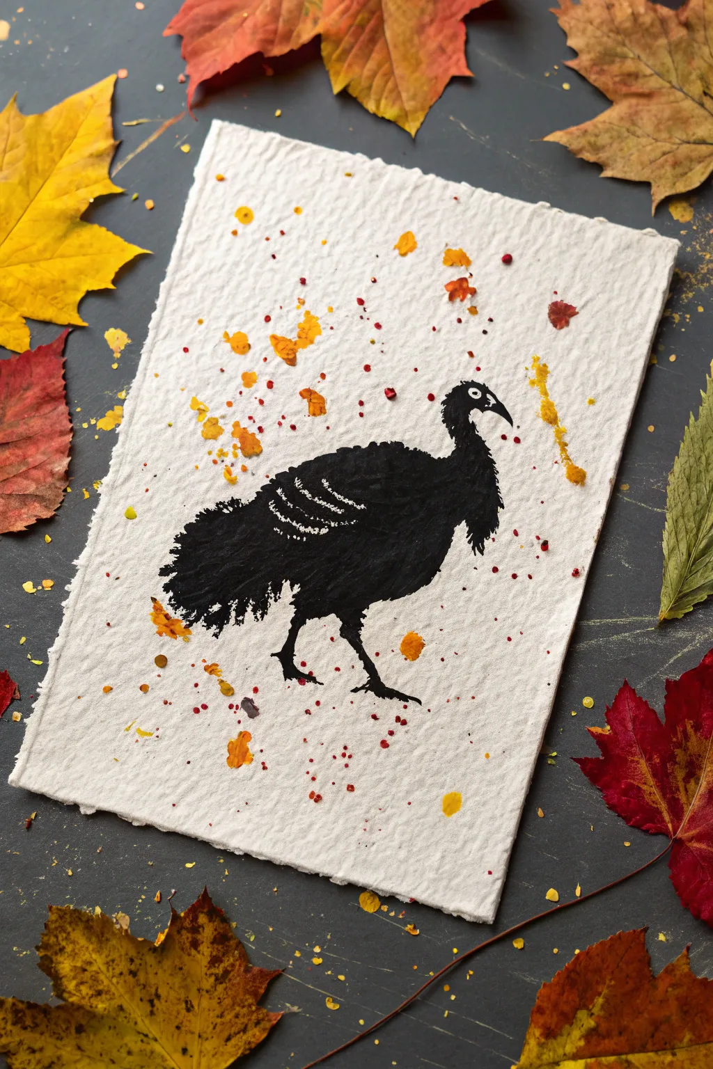 Bold turkey silhouette against a splattered autumn sky for an easy Thanksgiving paint night.