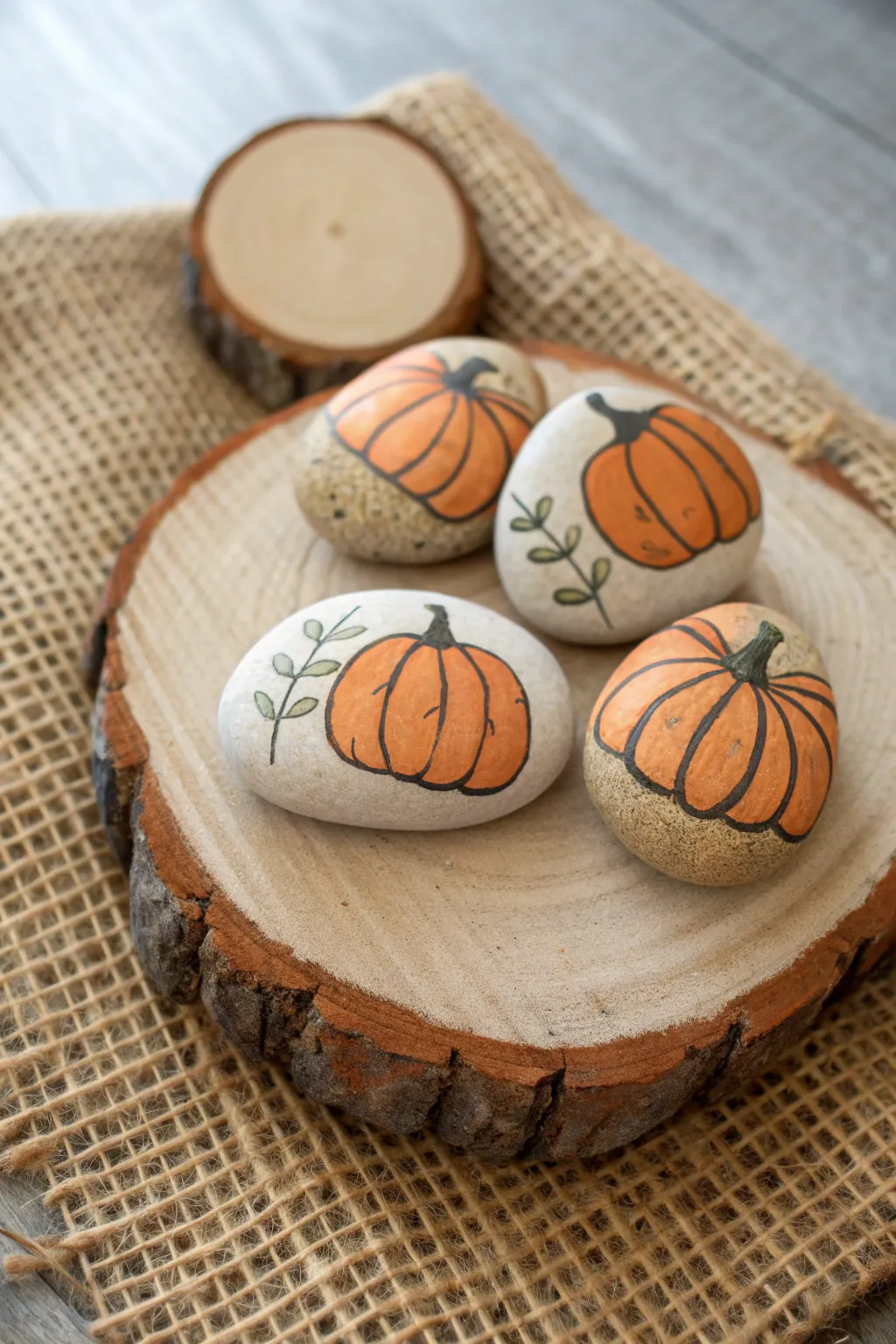 Simple pumpkin patch trio: painted rocks in warm fall tones on burlap and wood slice