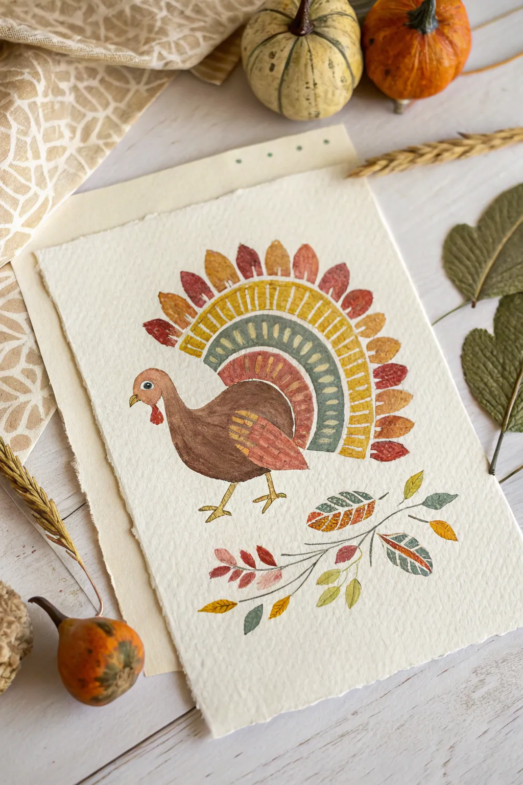 Easy Thanksgiving art: minimalist turkey with bright fingerprint loop feathers on white paper.