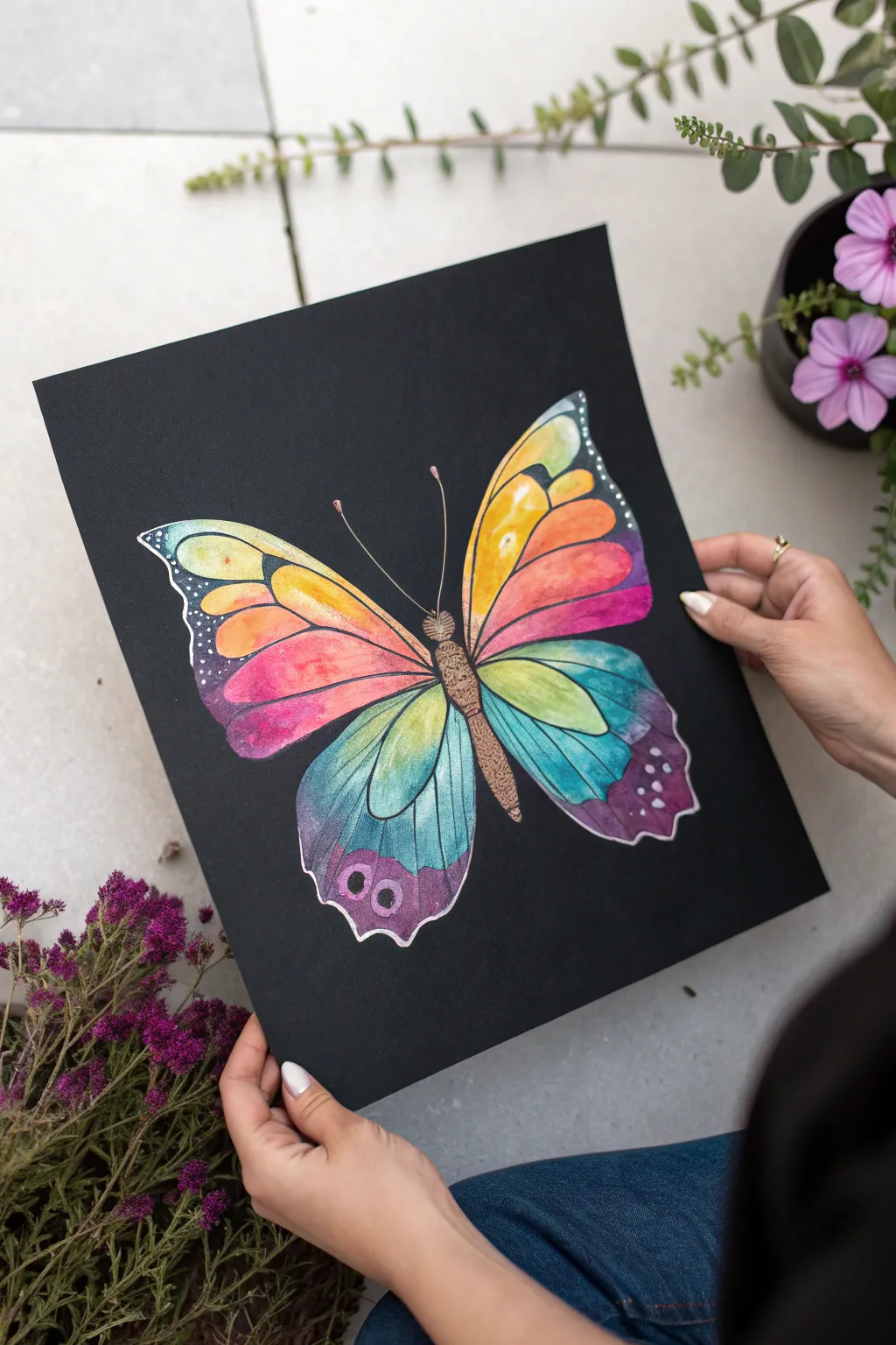 Paint a minimalist butterfly with thermal gradients, glowing warm to cool on deep black.
